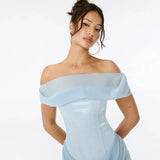 Blue Satin Corset Chiffon Off-shoulder Maxi Dress-Outfit