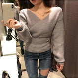Fashion Sexy Cross V-Neck Women's Sweaters Autumn Winter Bottoming Slim Female Jumper Casual Solid Bodycom Beige Grey