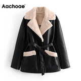 2022 Fashion Winter Black Jacket Women Long Sleeve Lamb Fur And Faux Leather Coat Female Bandage Elegant Coat