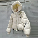 Puff Hooded Down Jacket Women's Short Winter 2024 New Add Thick Color Zipper Sleeve White Duck Velvet Bread Coat-Outfit