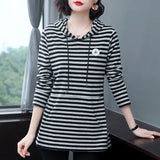 Women's Autumn Winter New Long Sleeve Sweatshirts Hooded Round Neck Pullovers Casual Medium Length Fashion Loose Striped Tops-Outfit