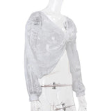 White Lace Mesh 3d Flower V-neck Long Sleeve Crop Top-Outfit
