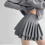 Preppy Style Double Pleated Skirt Women Korean Skort Summer Sexy Y2k High Waist Patchwork Solid Mini Skirt A-line