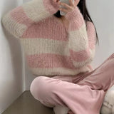 Chic Autumn/Winter Vintage Lazy Loose Round Collar Ctriped Striped Knitted Jerseys On The Head Of The