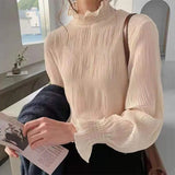 And Autumn New Chiffon Shirt Women's Horn Sleeves Super Fairy Loose Lotus Leaves Half High Collar Inside The Ocean Gas Bottom