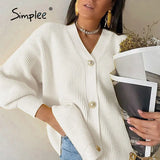 Simplee Casual v-neck knitted cardigan women Autumn winter lantern sleeve button female cardigan Fashion ladies oversize