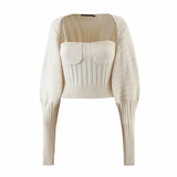 Beige Knitted Women's Suit Square Collar Sleeveless Top Bishop Long Sleeve Cardigan Two Piece Set Women