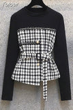 Female Casual Top Elastic High Waist Pants Two Piece Suit Patchwork Black Pullover Tops Solid Long Pant Set Autumn