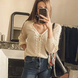 Valentine Lace Patchwork Sweater Women Autumn Winter Puff Sleeve V-neck Jumper Cardigan 2022 Vintage Chic Casual Sweaters