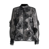 Toloer Retro Versatile Top Fall 2024 New Three-Dimensional Flower Embroidery Design Loose Mesh Perspective Shirt-Outfit