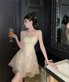 Sexy Elegant Dresses Women Sleeveless Sequins Mesh Patchwork Slim Paty Dress Mini Summer French Style Fairy Female-Outfit