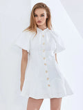 Metal Button Patchwork White Dress For Women Round Neck Puff Sleeve Casual Mini Dresses Female Fashion New