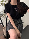 Round Neck Bow Print Short Sleeved Knitted Top-Outfit