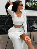 Spring Pure Color Long-Sleeved Fashion Sexy Split Long Skirt Two-piece