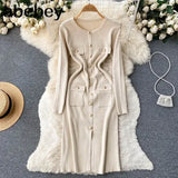 Women Knitted Pencil Dress Korean Long Sleeve Elastic Slim Dress Autumn Winter Sexy Bodycon Warm Sweater