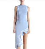 Asymmetrical Wavy Hem Round Collar Knit Midi Dress-Outfit