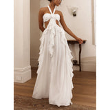 Women's New Hanging Neck Open Shoulder Lotus Leaves Side Solid Color