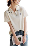 Toloer With Short-Sleeved T-Shirt Women 2025 Summer New Love Embroidery Collar Casual Slim Polo