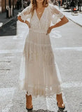 Dress Women Off Shoulder Lace Patchwork Dress Casual Bohemian Deep V Neck Short Sleeve Loose Vestidos Summer Dresses-Outfit