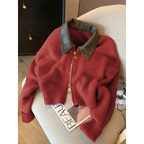 Spring And Autumn New Loose Gas Coat Ankola Red College Wind Splicing Fake Two Knitted Shirt