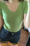 Women Casual T-Shirts V-Neck Knitting Sexy Crop Tops Screw Thread Solid Cute Clothes For Women T-shirt Summer