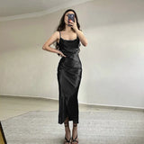 Silk Dresses Fashion 2022 Satin Sexy Dress Women Summer Sleeveless Bodycon Solid High Waist Midi Green Dress Robes