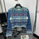 Vintage Print O-Neck Sweaters Women Korean Style Blue Knitted Blue Pullover Casual Loose Jumper Bohemian New Trend-Outfit