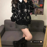 Deeptown Harajuku Black Knitted Cardigan Heart Print Knitwear Women Goth Long Sleeve Sweater Autumn Winter Korean 2021