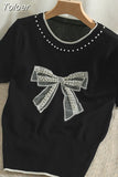 version nail bead mesh bow round neck short sleeve top women's 2023 new waist closing thin knitted