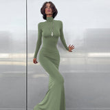 Toloer Autumn Winter Hot Girl High Collar Long Sleeve Collect Purse Hip Sexy Slim Fishtail Dress Women's Clothing-Outfit