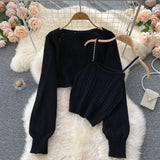 Korean Knitted Set Long Sleeve Casual Cardigan+Sexy Off Shoulder Slim Pearl Strap Tops Autumn Two Piece