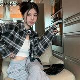 Crop Tops Blouse for Women Korean Casual Plaid Shirts High Waist Long Sleeve Loose Blouses 2023 Blusas Mujer De Moda