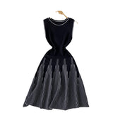 Sleeveless Round-Necked Striped Knitted Dress Women's Summer Waist Design Small Fairy Mid-Long