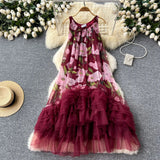 Retro Court Style Design With A Sense Of Fashion Print Splicing Mesh Tau Pong Irregular Lotus Leaf-Side Dress