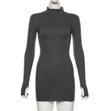 Winter Stretch Slim Soft Ribbed Knitted Turtleneck Dress Woman Fashion Solid Black Casual Bodycon Zip Dress-Outfit