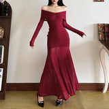 Autumn And Winter New Women's Pure Color Temperament Sexy Word High Waist Waist Dress Dress