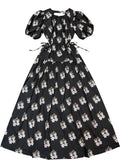 Print Colorblock Dress For Women Round Neck Puff Sleeve High Waist Casual Cut Out Midi Dresses Female Clothing