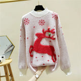 Women's Reindeer Christmas Snowflake Fawn Knitting Thicker Warm Loose Outer Wear O-Neck Pullovers Graphic