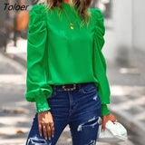 Collar Puff Sleeve Pullover Blouse Women Pleated Vintage Elegant Green Blosues Women Loose Autumn Fuchsia Shirt Tops