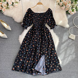 Summer New French Soft Style Sweet American Collar Bubble Short Sleeves Waist Show Thin Forked A-Shaped Dress-Outfit