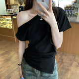 Seam Forked Irregular Shoulder Short-Sleeved T-Shirt Women's New Summer Design Feel Minority Lazy Style Beautiful Blouse-Outfit