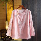 Tang Style Chinese Style Spring Long-Sleeved Chinese Embroidery Fashion Retro Shirt Round Collar Cheongsam Blouse-Outfit