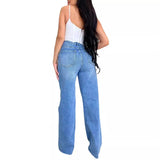 Stand Hole Denim Trousers Women High-Waisted Loose Straight-Lens Wide-Legged