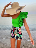Women Green One Shoulder Bodysuits 2022 Summer Fashion Lady Sexy Slim Ruffles Bodysuits Female Solid Tight Sleeveless