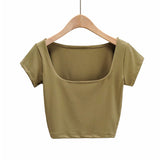Summer New INS Tight Square Collar Short-Sleeved T-Shirt With Bottom Ultra-Short Exposed Collarbone High Waist Navel Blouse-Outfit