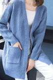 New Solid Knit Cardigan Long Sleeve Sweater Women Open Stitch Casual Pocket 2023 Loose Medium-long Cardigans Mujer