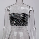 Toloer Nightclub Dresses Fishnet Hollow Out Rhinestone Vest Mesh Flash Diamond Sling Top