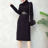 2022 Winter Female Sweater Dress Women Pullover Turtleneck Long Sleeves Warm Slim Sweater Knitted Dress With Belt High