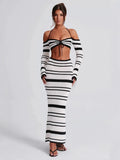 New Hottie Women's Suit Summer Striped Long-Sleeved Hanging Neck Top Skirt Two-Piece