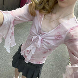Gentle Wind Halo Dye Printed Fake Two Jackets Pure Desire Less Female Feelings Sweet Clavicle Long-Sleeved T-Outfit